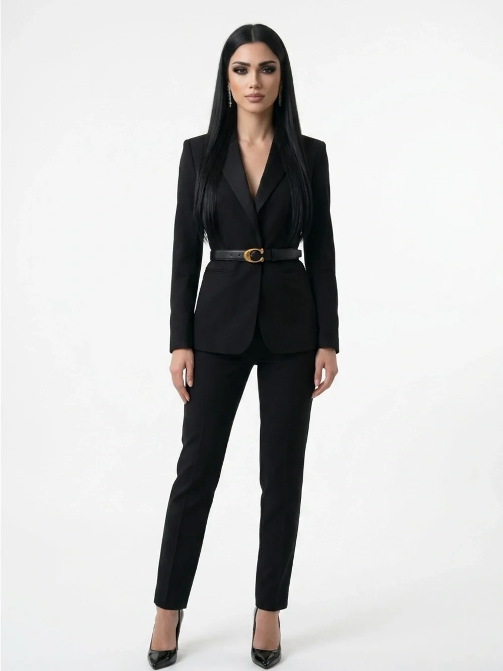 Black Leather Belt with Gold 'C' Buckle - Women's Fashion Accessory